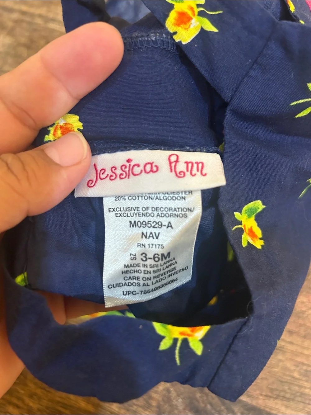 Jessica Ann Navy Floral Dress with Pink Ribbon Accent
